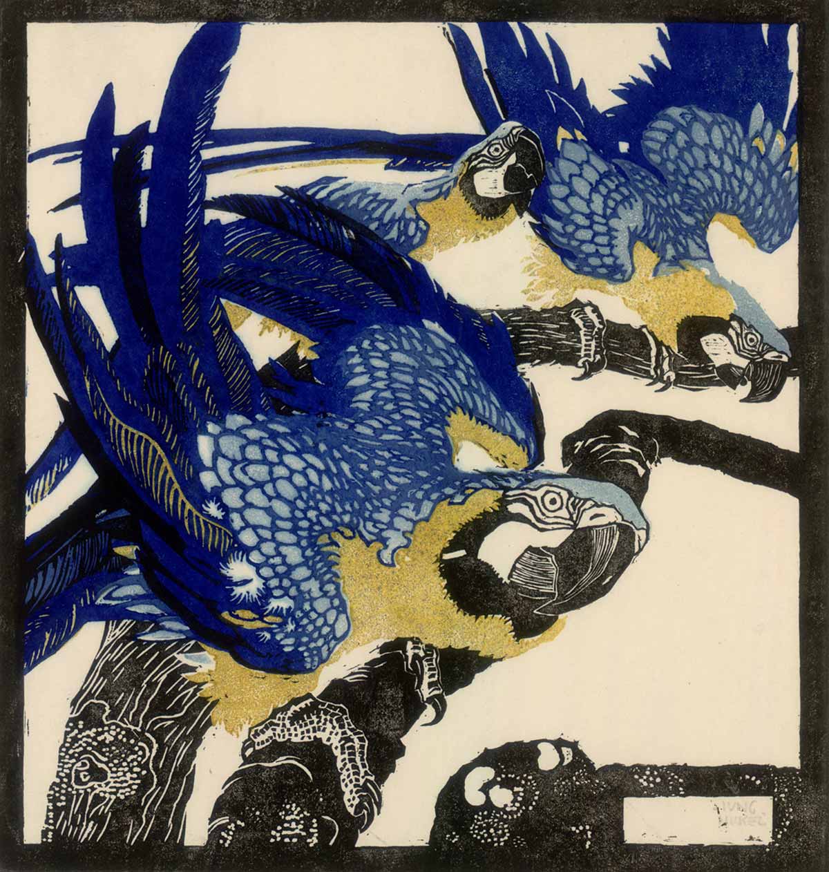 Ludwig Heinrich Jungnickel. Drei blaue Aras, 1909. Farbholzschnitt in Schwarz, Dunkelblau, Hellblau und Gelb auf Japanpapier. ALBERTINA, Wien | © Nachlass L.H. Jungnickel