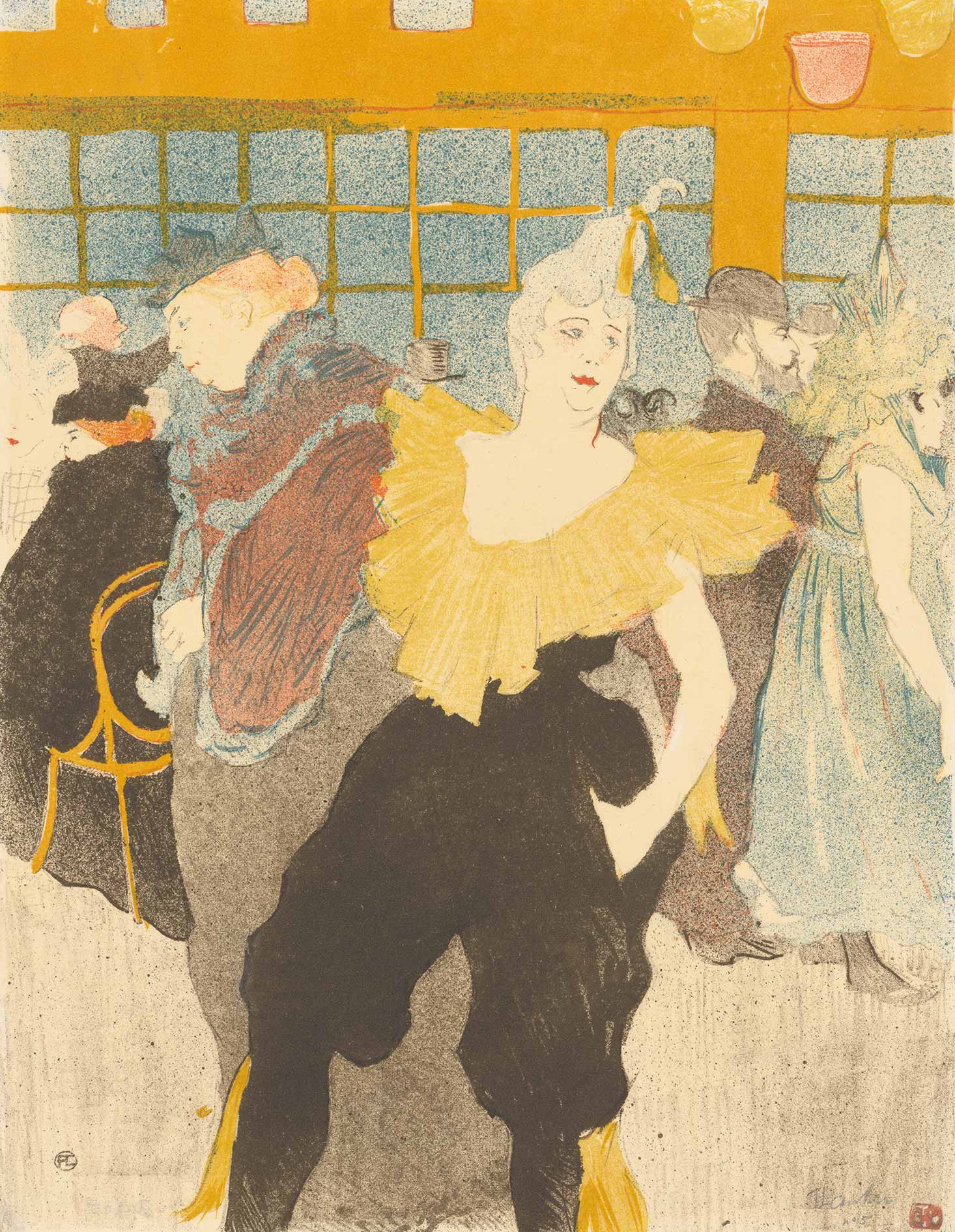 Henri de Toulouse-Lautrec. La Clownesse au Moulin Rouge, 1897. Farblithographie; Kreide, Tusche mit Pinsel und Gespritzt. ALBERTINA, Wien.