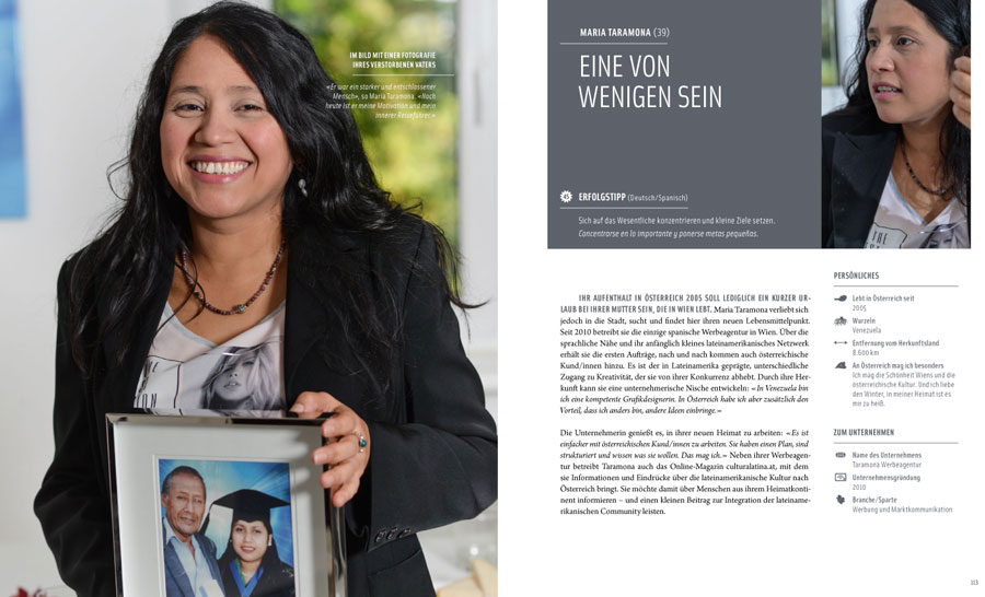 Maria Elena Taramona de Rodriguez auf dem Buch "50 unternehmerisch erfolgreiche Zuwander/innen und ihre Erfolgstipps" (Foto: Österreichischer Integrationsfonds)