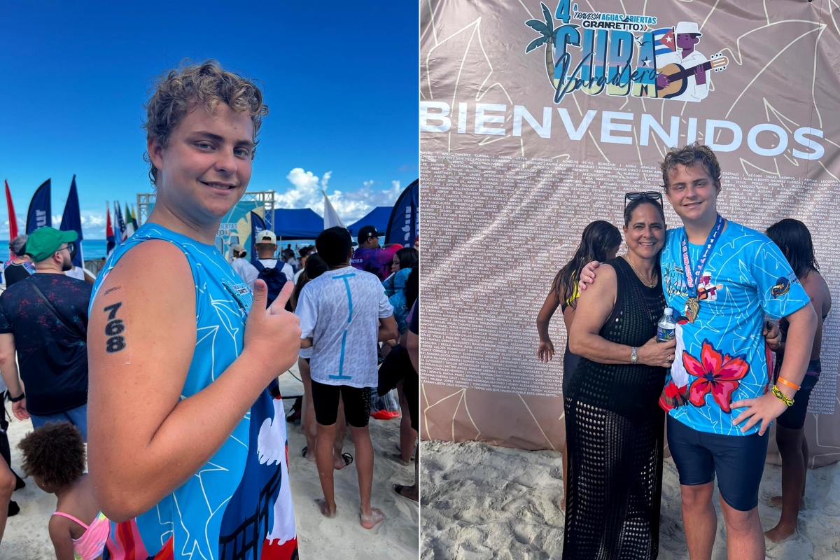 El joven atleta junto a Marina Riss, compartiendo la emoción tras obtener la medalla de oro en Varadero.